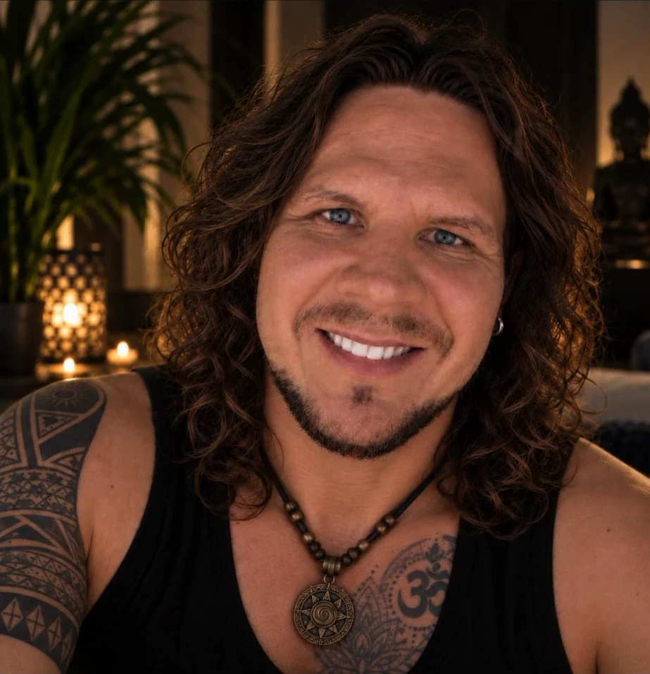 Alex van River smiling in a candlelit treatment room